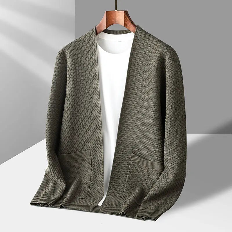 Ivory waffle-knit cashmere cardigan open-front relaxed fit with textured weave
