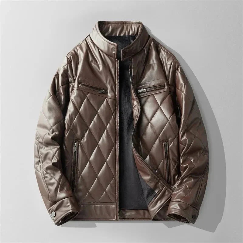 Black quilted faux leather jacket with structured diamond panels and high stand collar
