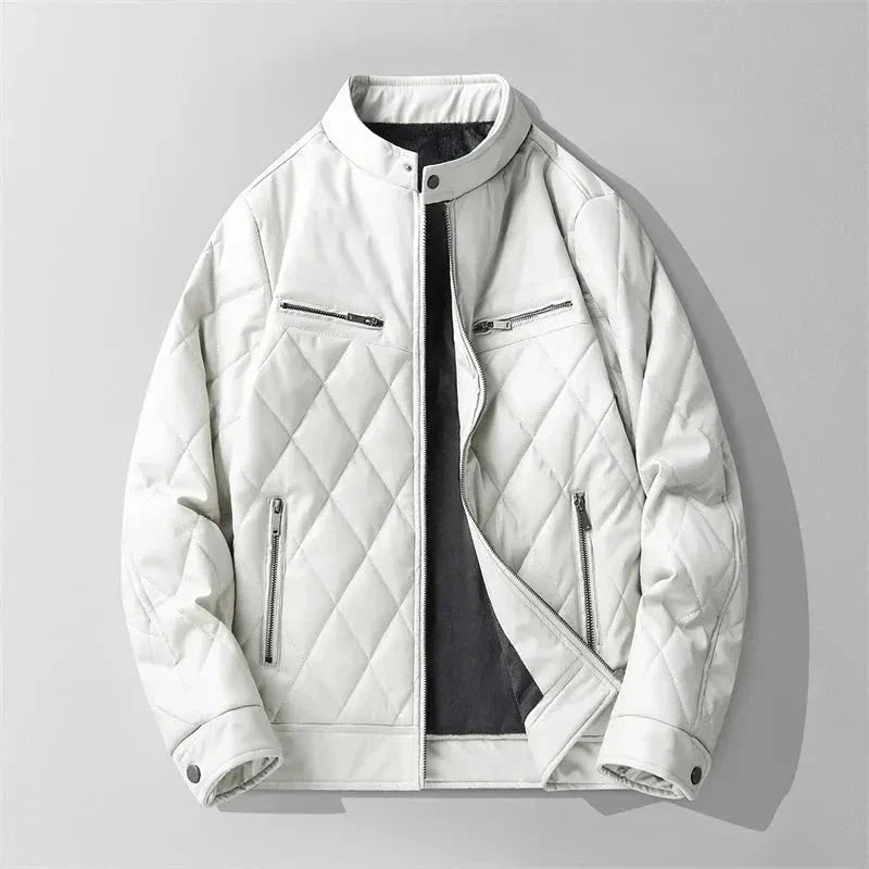 Black quilted faux leather jacket with structured diamond panels and high stand-up collar