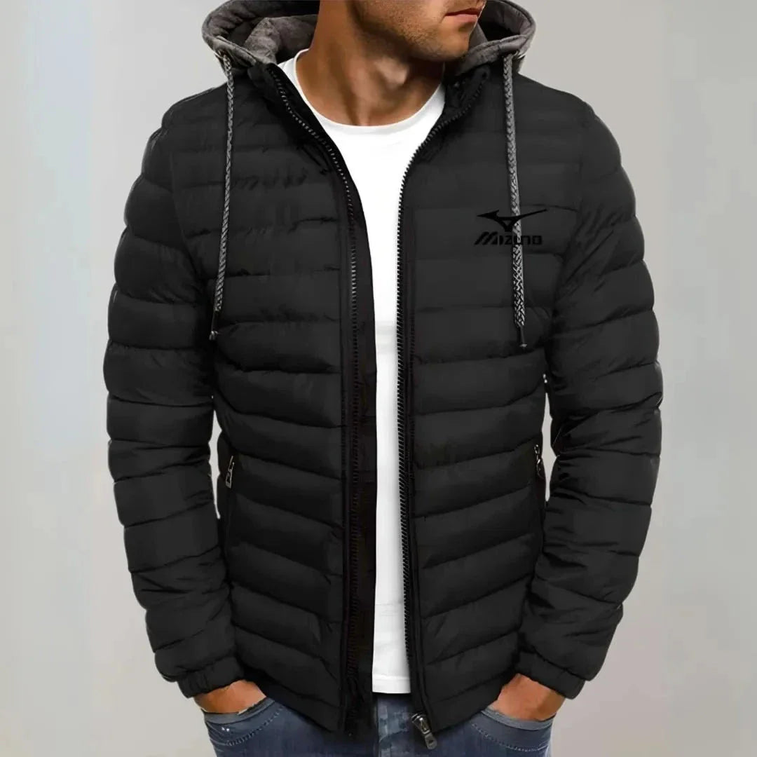 Marley black hooded puffer jacket with quilted construction and adjustable drawstring hood