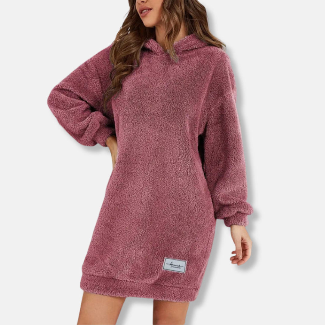 Women's oversized fleece hoodie mini dress long sleeve lounge wear with ribbed cuffs