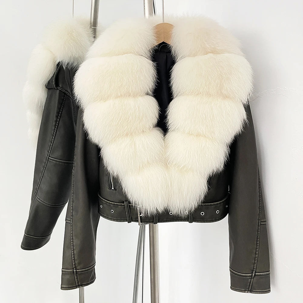 Black faux leather aviator jacket with voluminous tiered real fur collar and belted waist