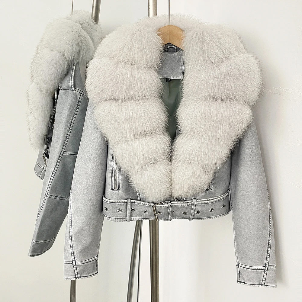 Black faux leather aviator jacket with voluminous tiered real fur collar and belted waist