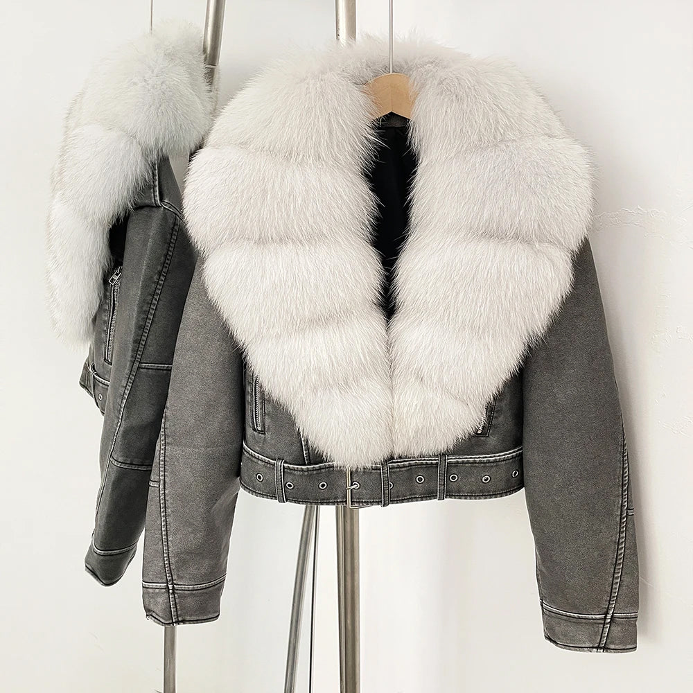 Black faux leather aviator jacket with voluminous tiered real fur collar and belted waist
