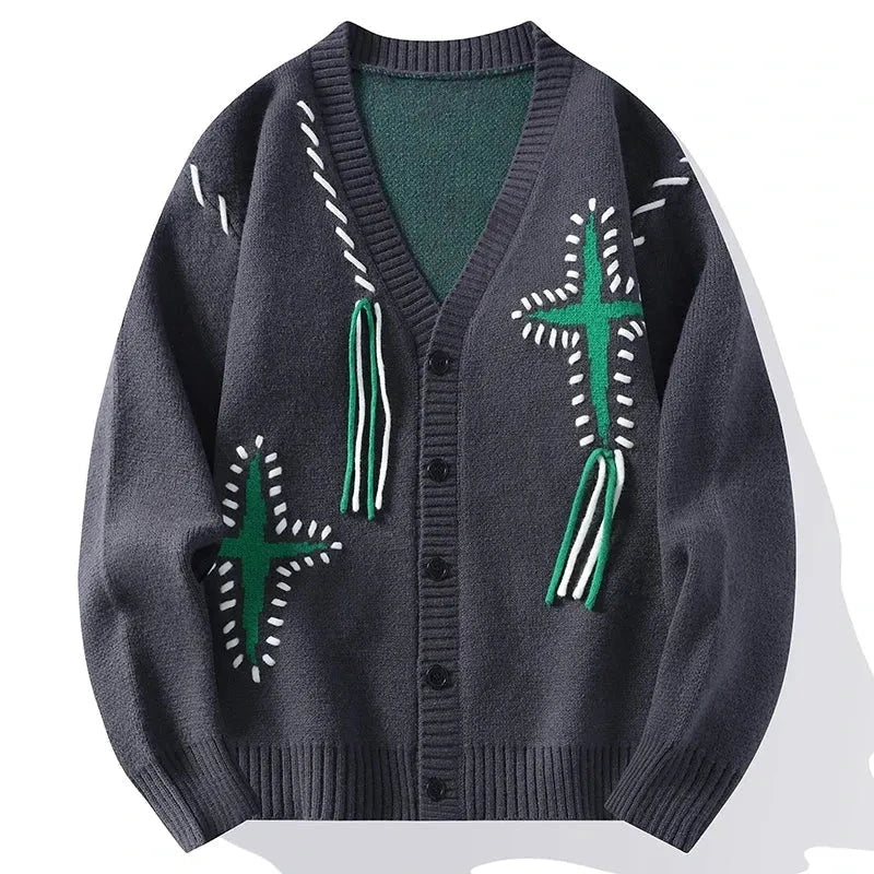 Women's soft knit V-neck cardigan with bold stitch detail and handcrafted hanging thread accents