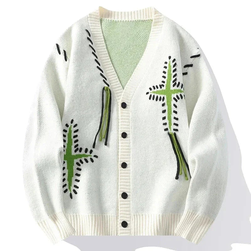 Women's soft knit V-neck cardigan bold stitch detail button-down front relaxed silhouette