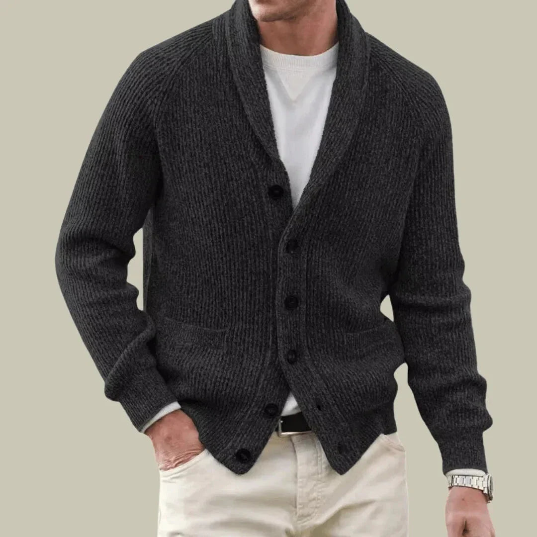 Men's gray cashmere blend cardigan with shawl collar and ribbed knit front button closure