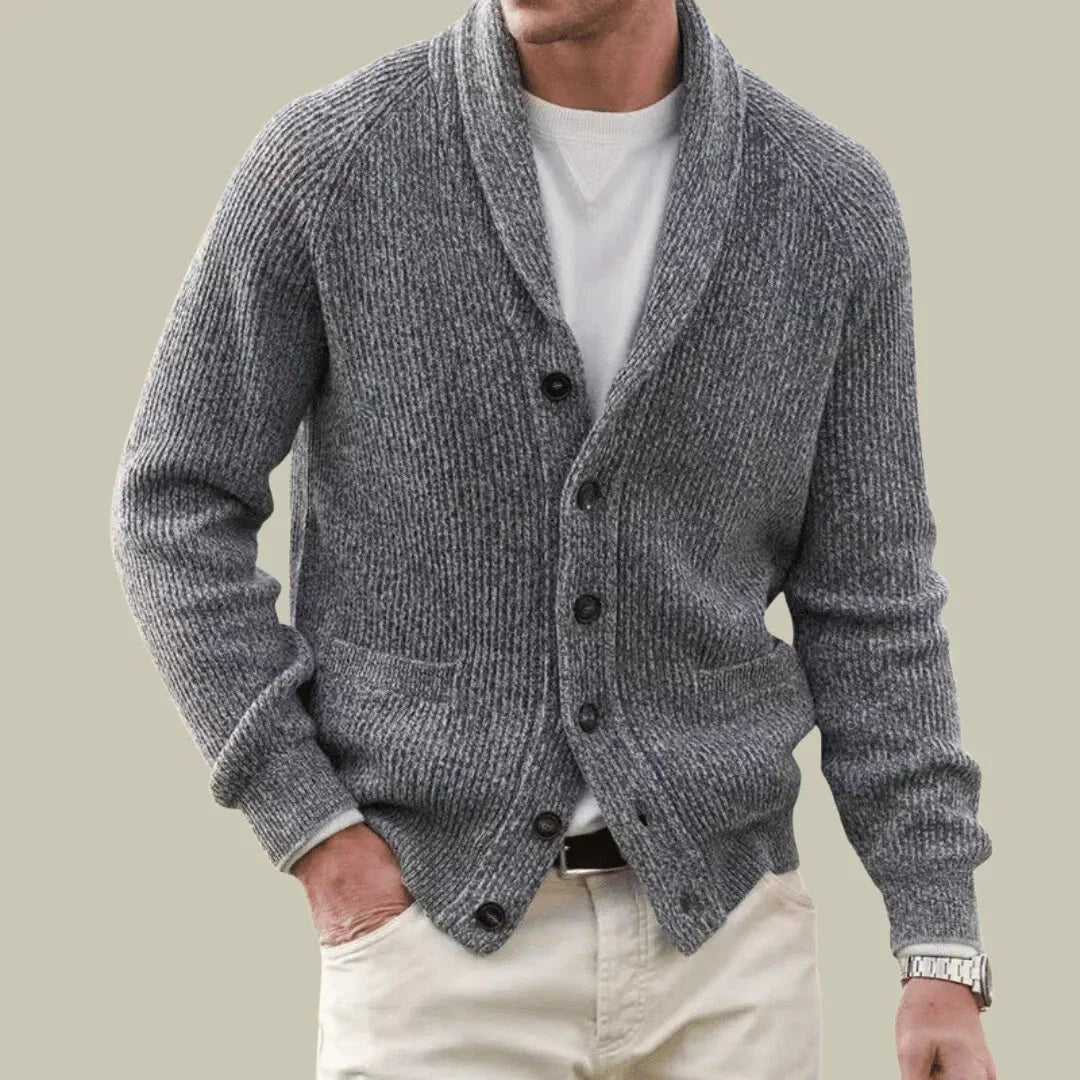Men's grey cashmere blend cardigan with shawl collar and ribbed knit front button closure