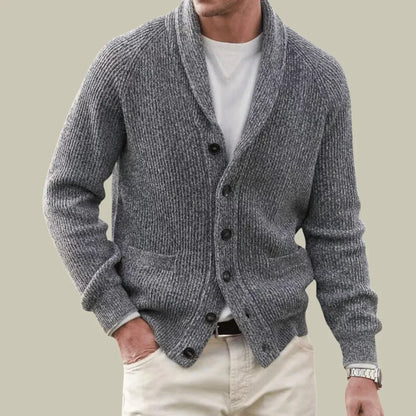 Men's grey cashmere blend cardigan with shawl collar and ribbed knit front button closure