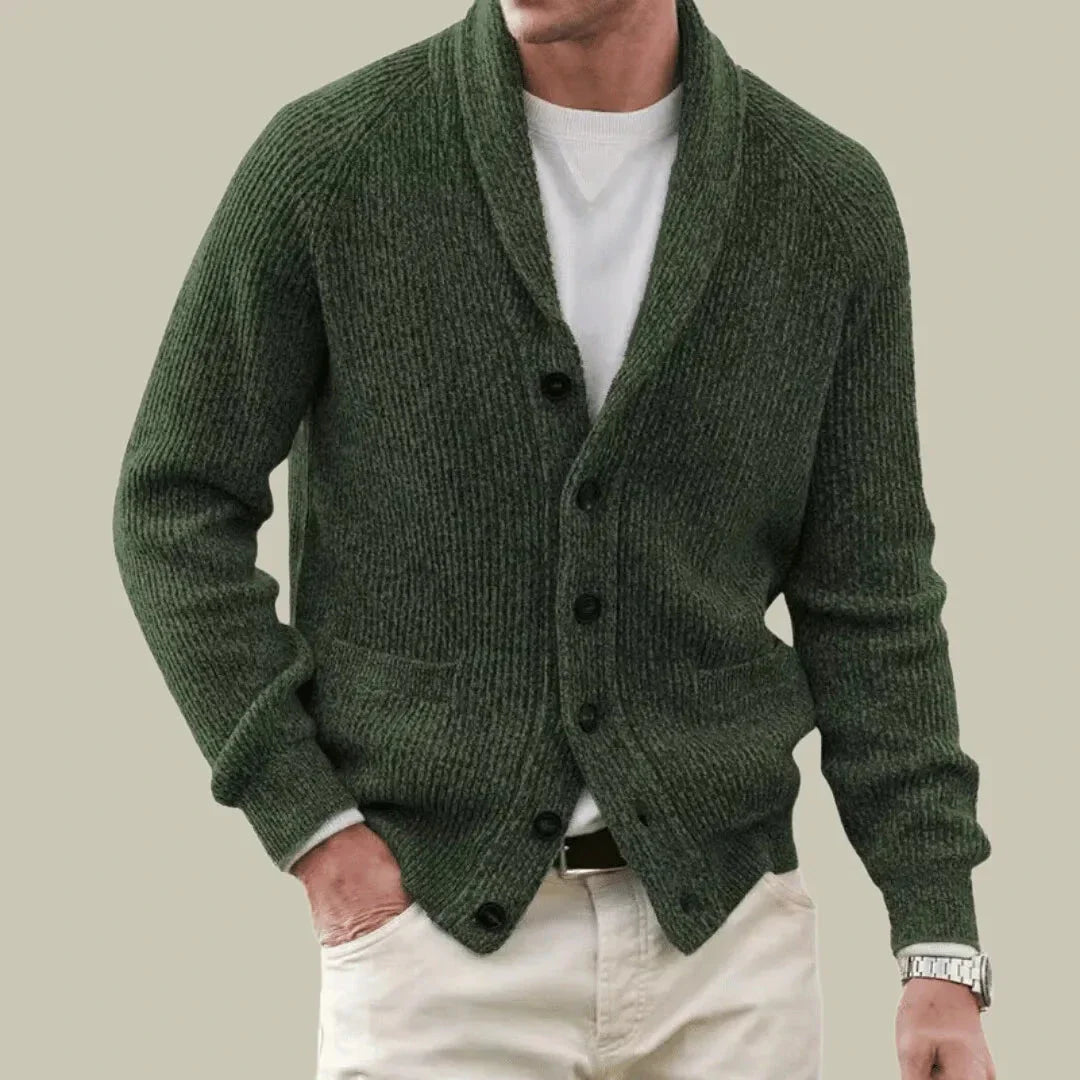 Men's gray cashmere-blend cardigan with shawl collar and ribbed knit front button closure