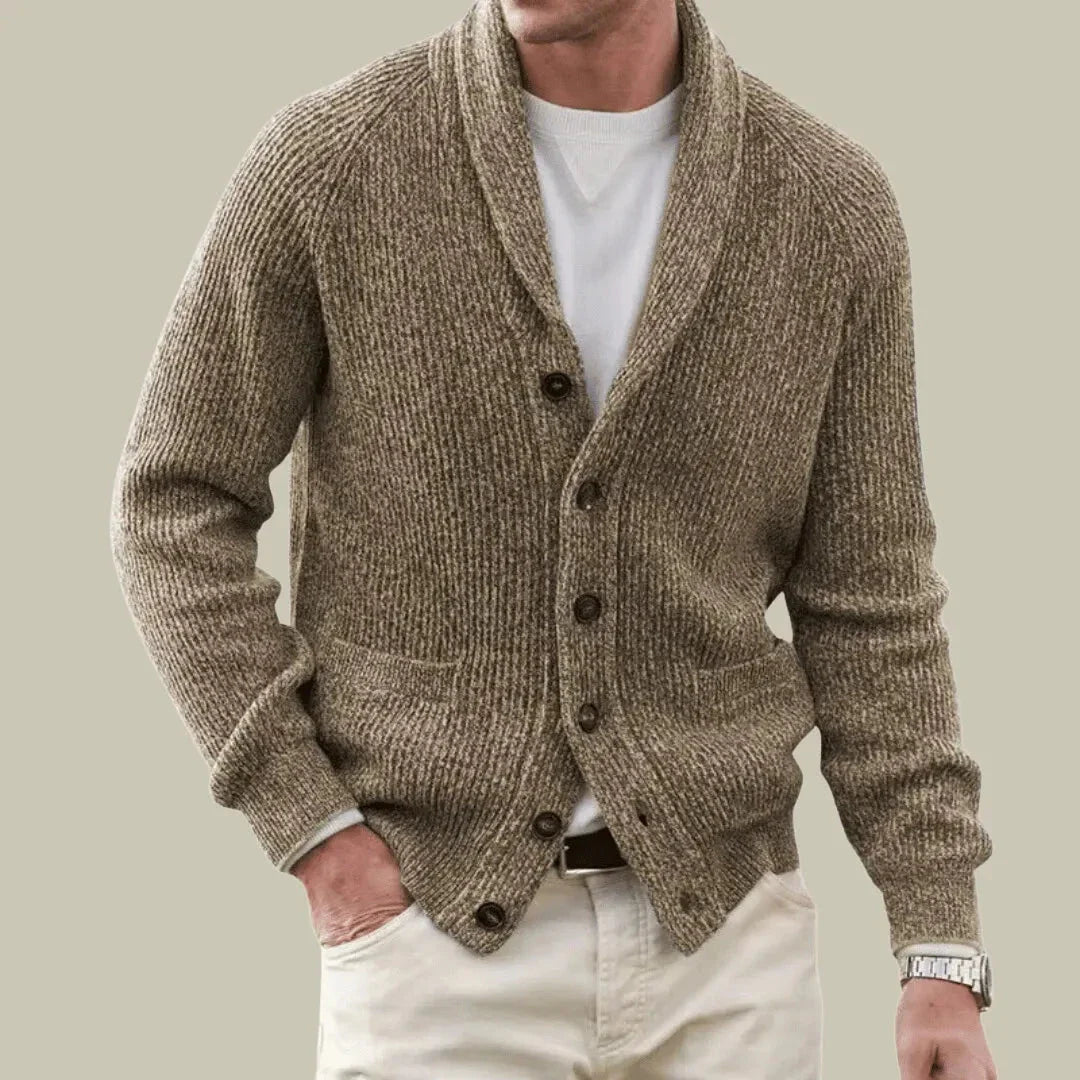Men's beige cashmere-blend cardigan with shawl collar and ribbed knit detailing for elegant layering