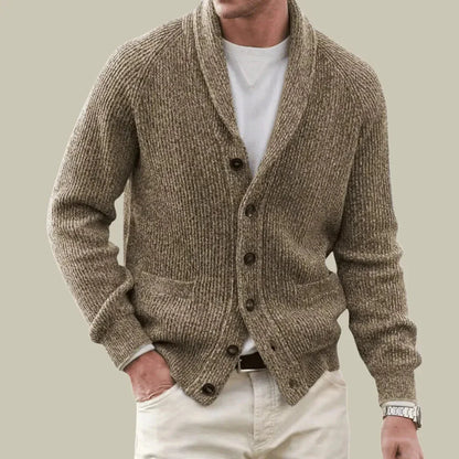 Men's beige cashmere-blend cardigan with shawl collar and ribbed knit detailing for elegant layering