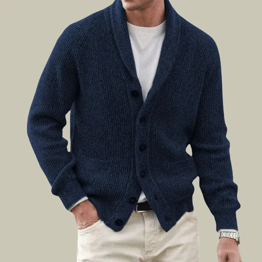 Men's gray cashmere blend cardigan with shawl collar and ribbed knit front button closure