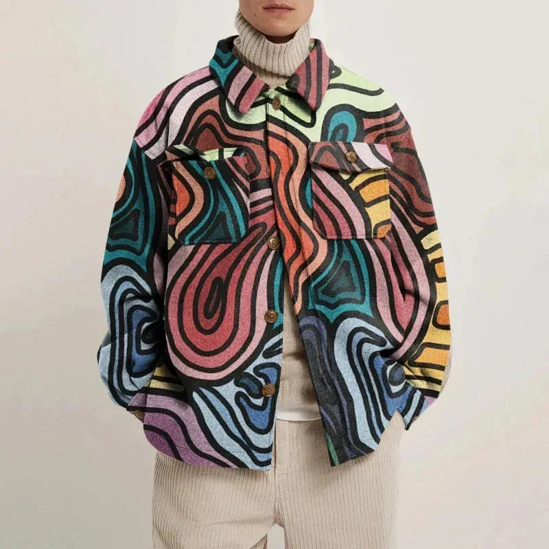 Mateo abstract print structured jacket with bold art-inspired lapels and single-breasted button-up closure