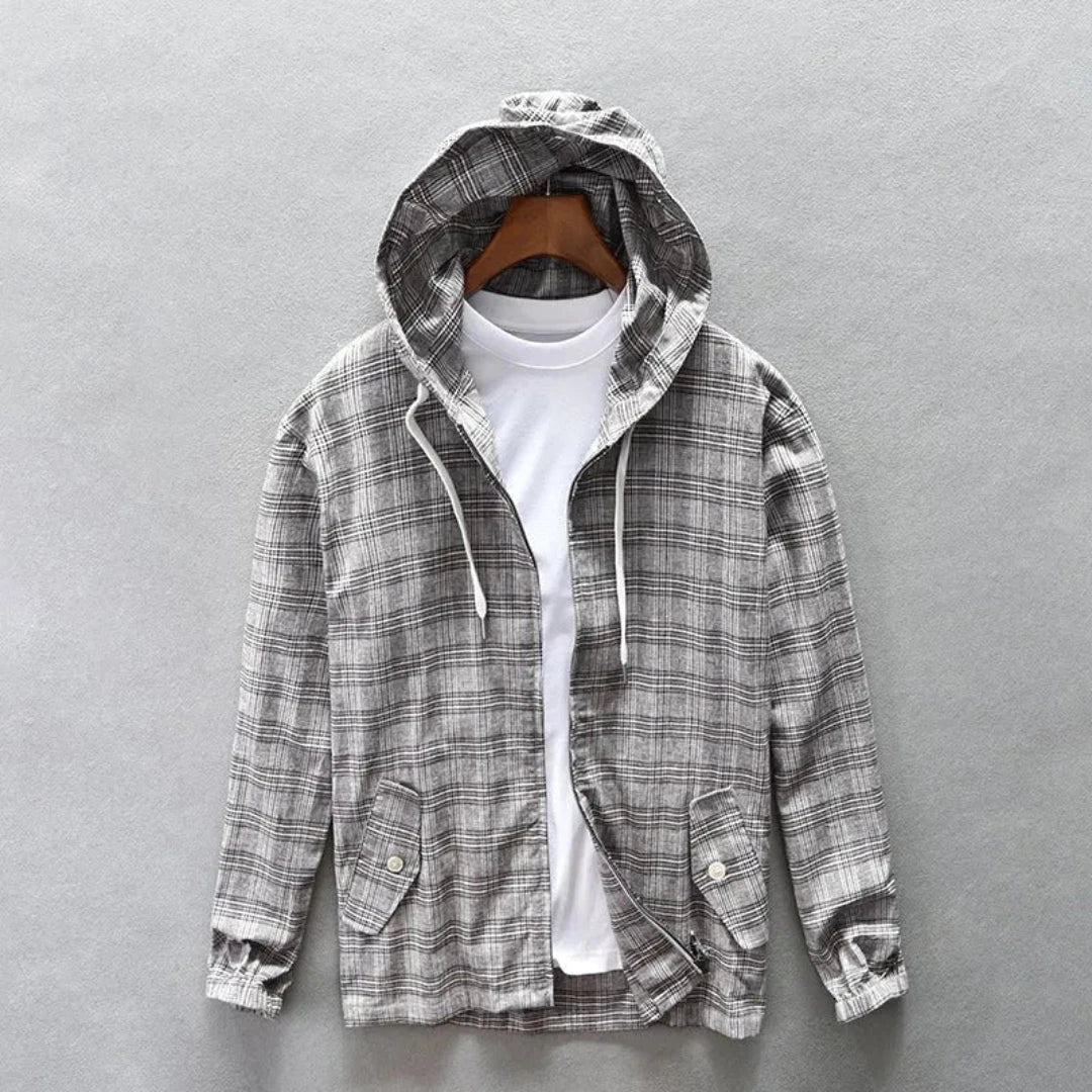 Mateo beige lightweight cotton hooded windbreaker with relaxed fit, drawstring closure and flap-button pockets