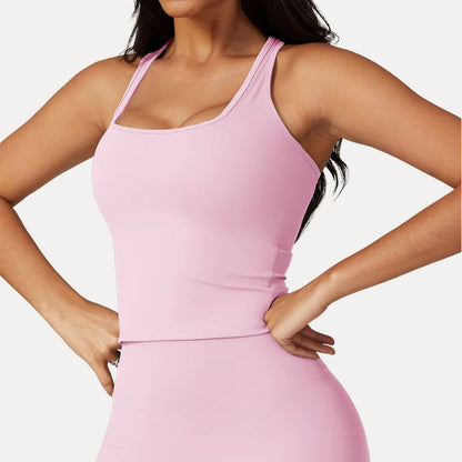 Maureen white square-neck racerback active tank with moisture-wicking four-way stretch fabric