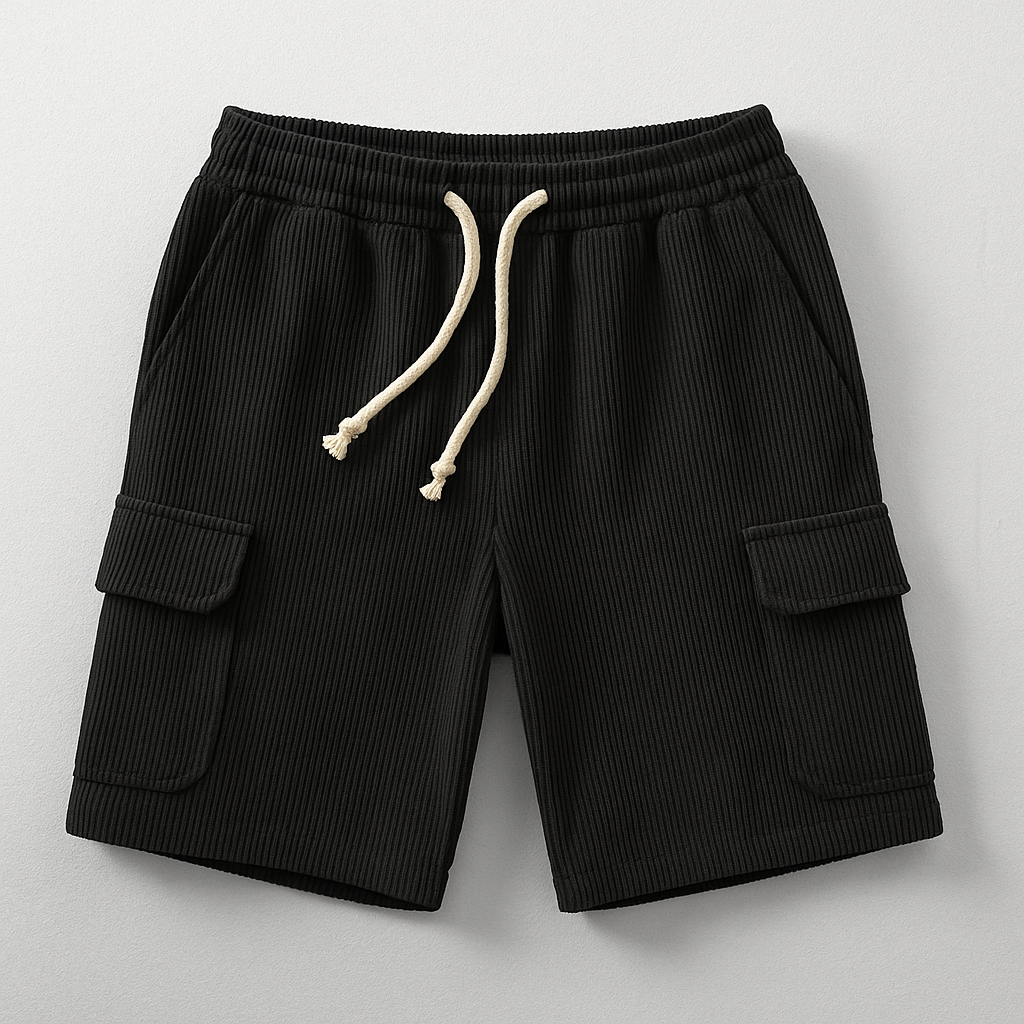 Men's brown corduroy cargo shorts relaxed fit with elastic waistband and dual cargo pockets