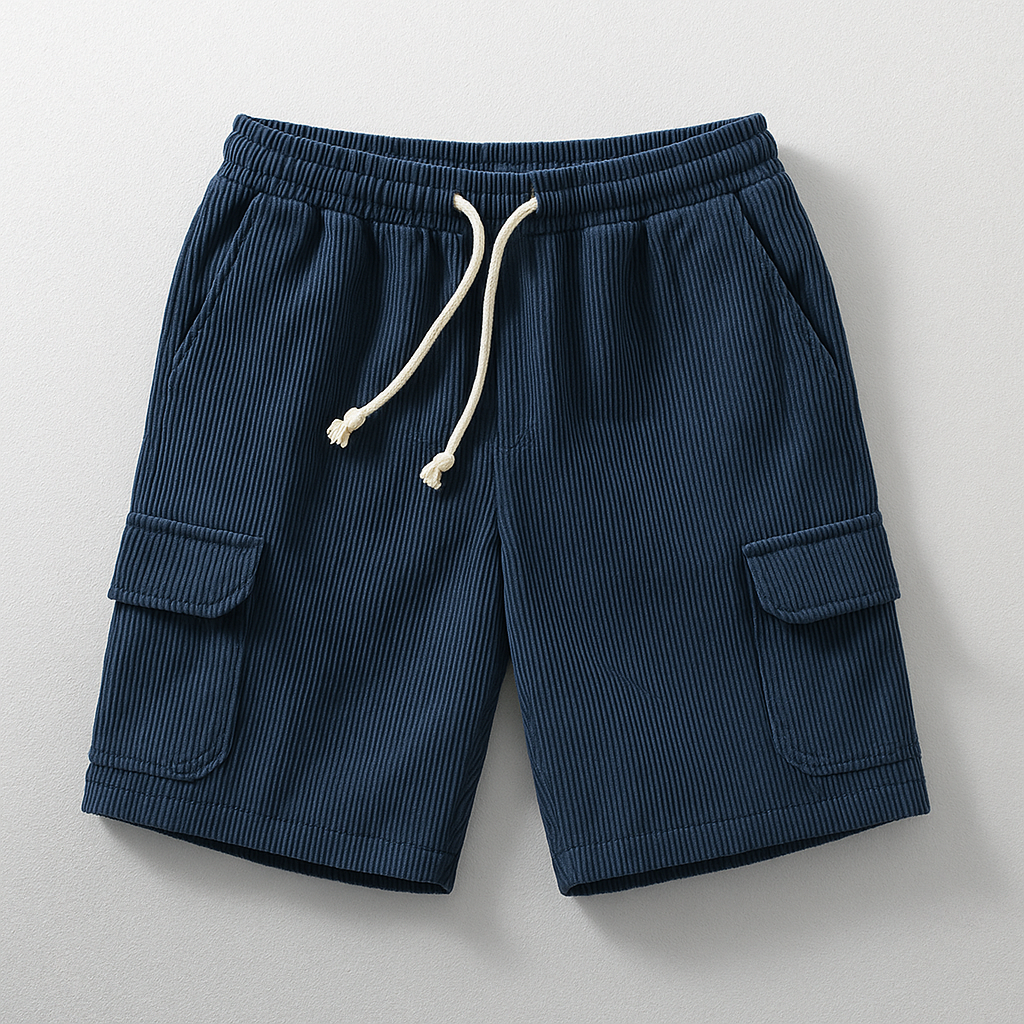 Men's brown corduroy cargo shorts relaxed fit with elastic waistband and dual cargo pockets