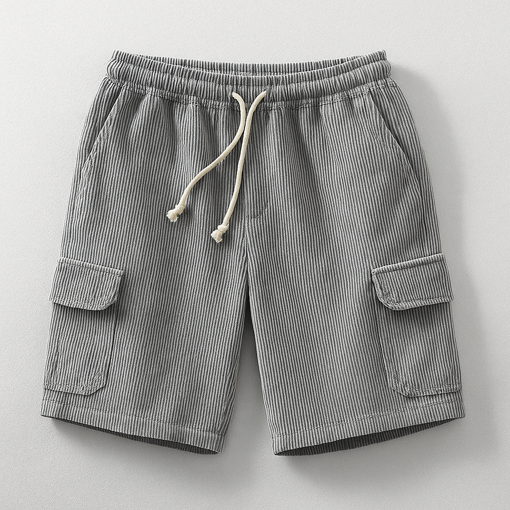 Tan corduroy relaxed-fit cargo shorts with elastic drawstring waist and dual cargo pockets