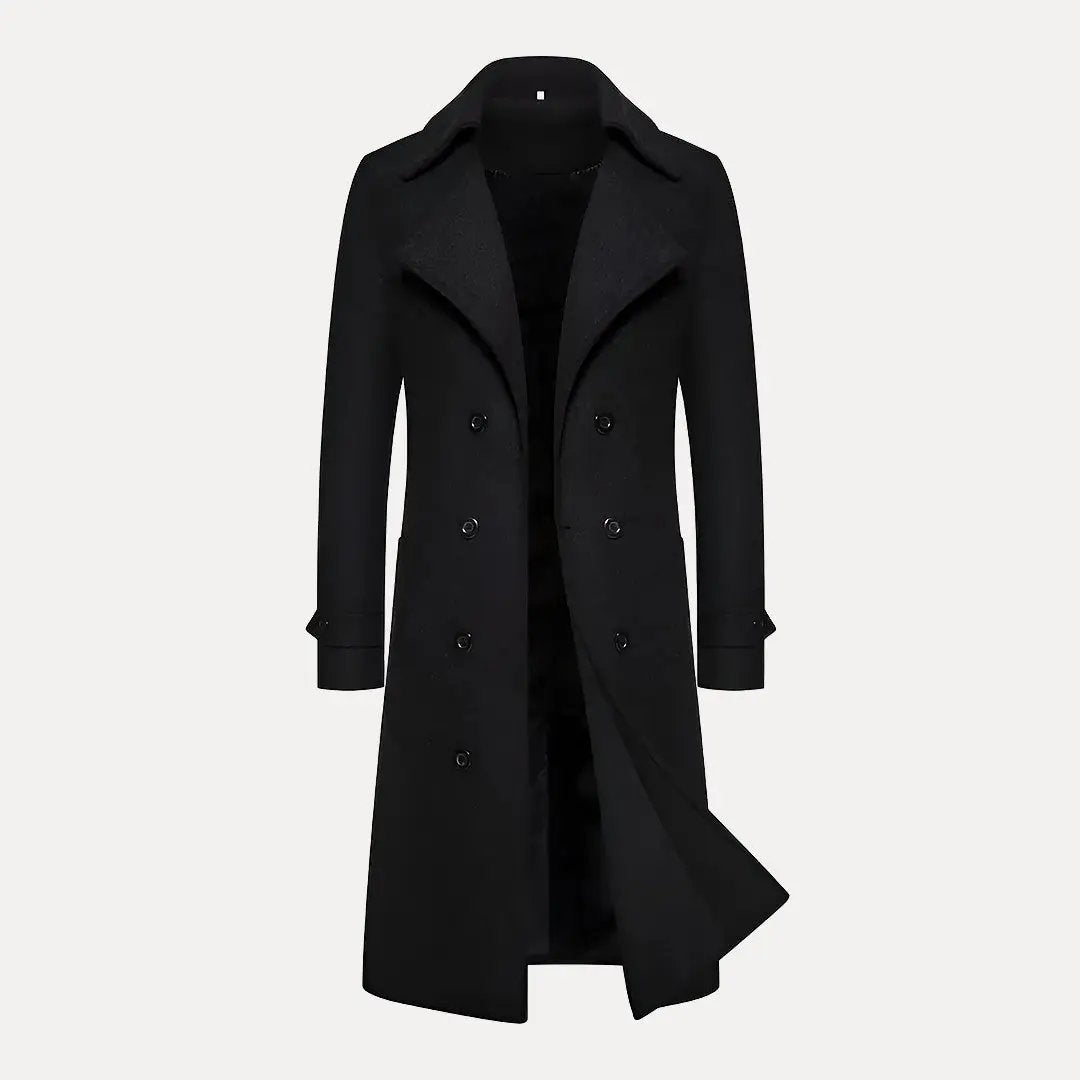 Max wool trench coat with double row buttons, long length, smooth fit, perfect for casual or formal wear
