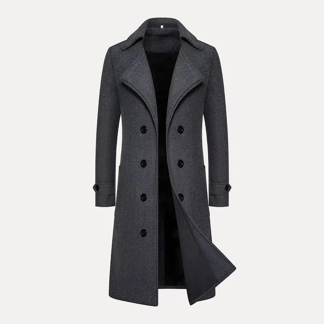 Max double row button woolen trench coat in classic long silhouette with sophisticated dual-button closure