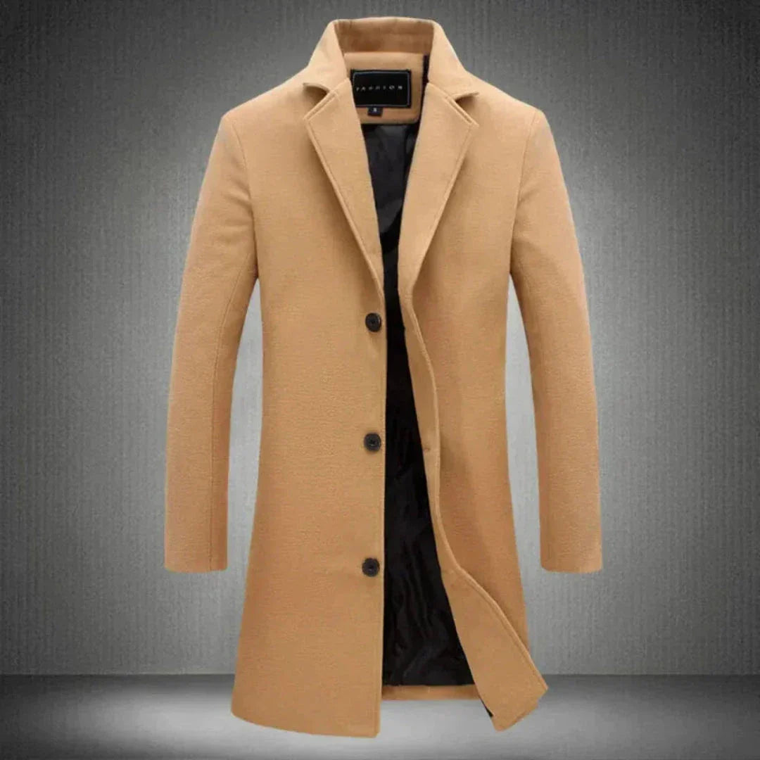 Classic slim fit wool blend trench coat with notch lapels and three-button closure for versatile style