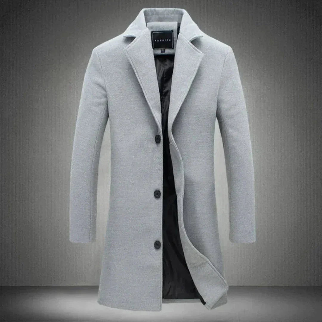 Classic slim-fit wool trench coat in neutral tone with notch lapels and three-button closure