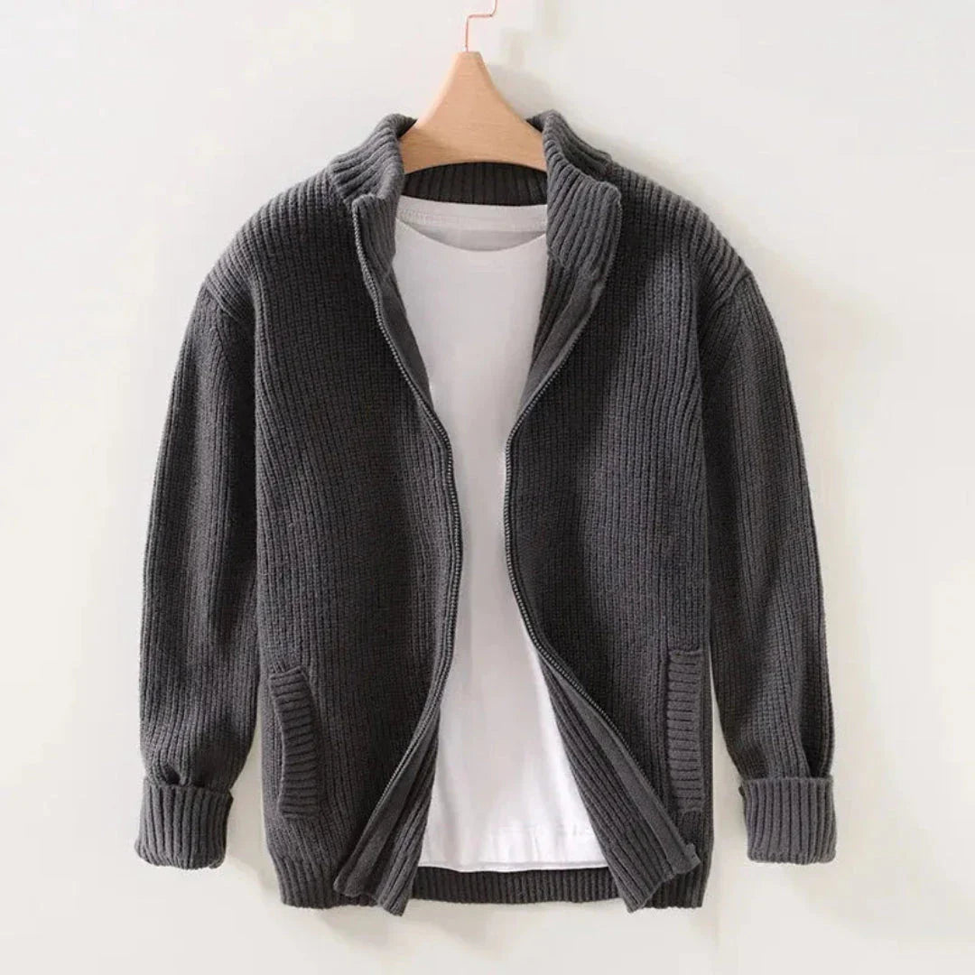Midweight knitted zip cardigan with ribbed cuffs and hem, relaxed fit for effortless layering