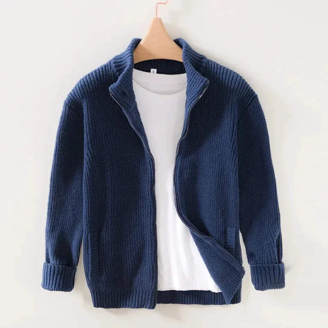 Midweight knitted zip cardigan with ribbed cuffs and hem, relaxed fit for effortless layered styling