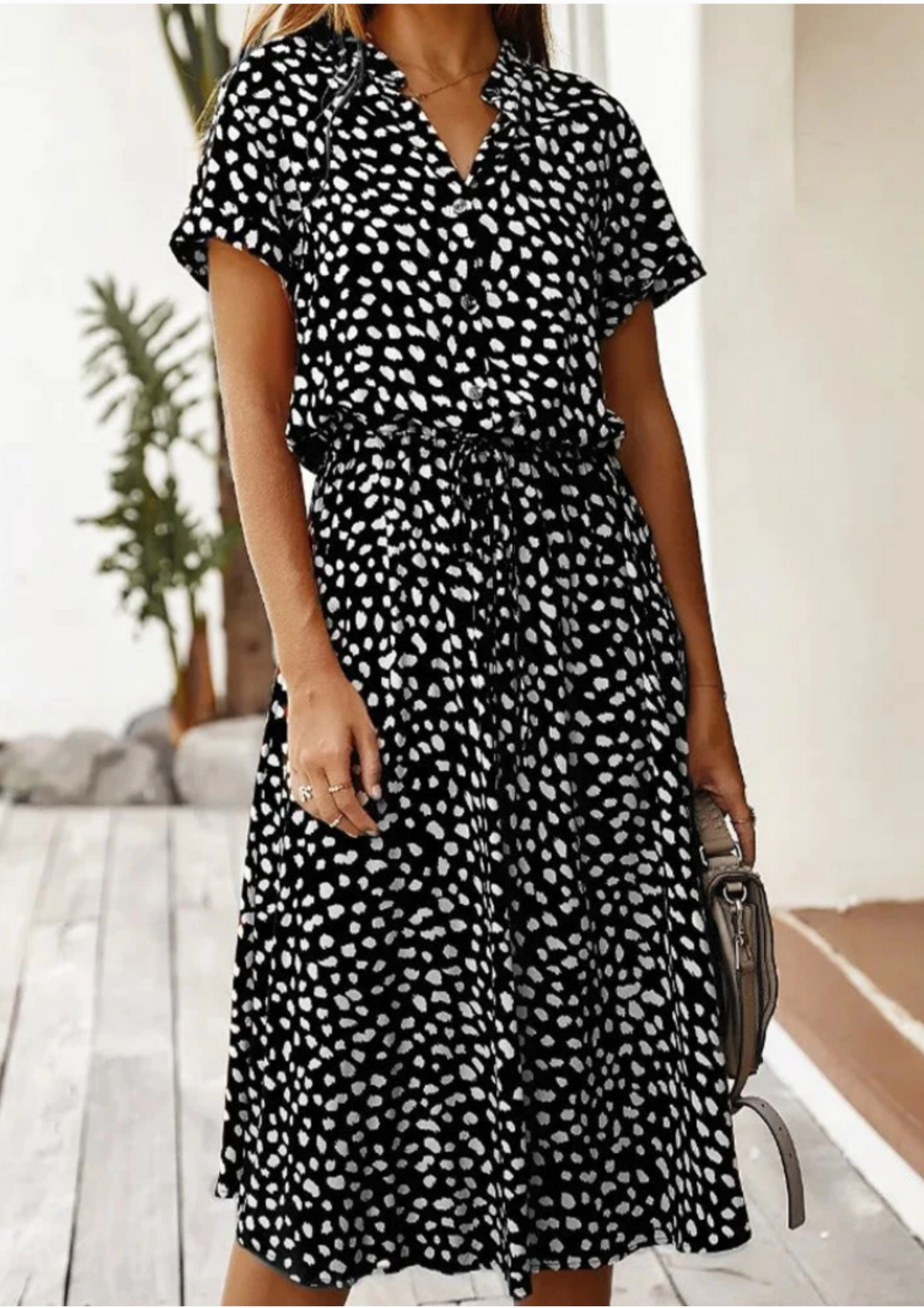 Women's spotted print button-down midi dress with drawstring waist in dalmatian black and white