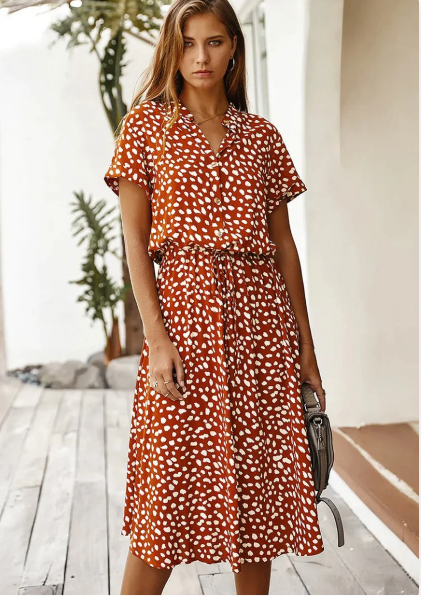 Women's spotted print button-down midi dress with drawstring waist in dalmatian pattern