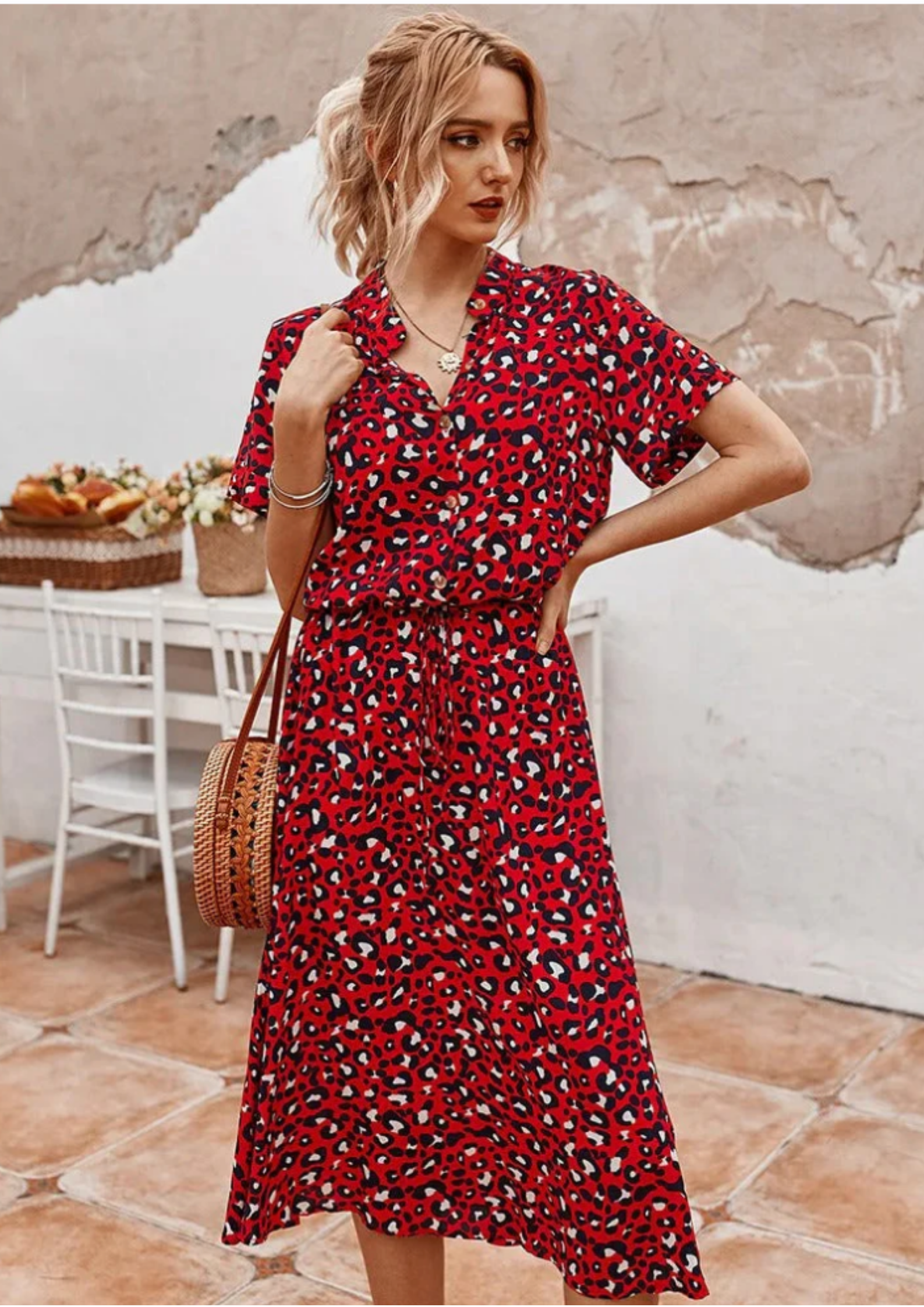 Women's white dalmatian-spot print button-down midi dress with drawstring waist and breezy silhouette