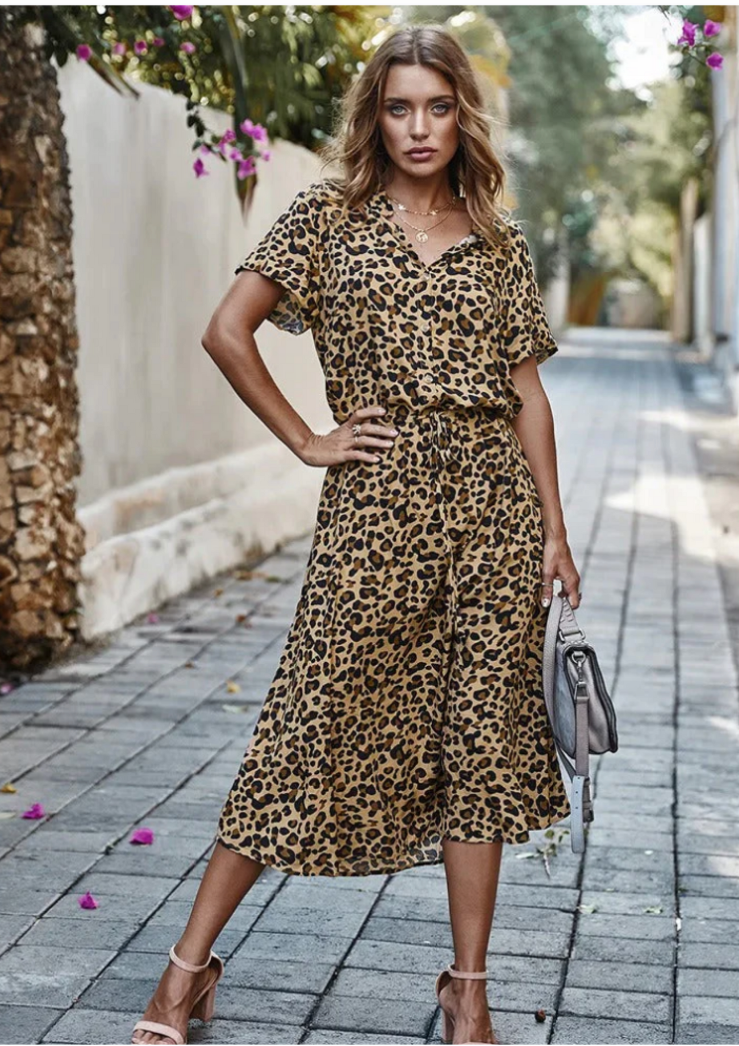 Women's spotted print button-down midi dress with drawstring waist in dalmatian-spot pattern