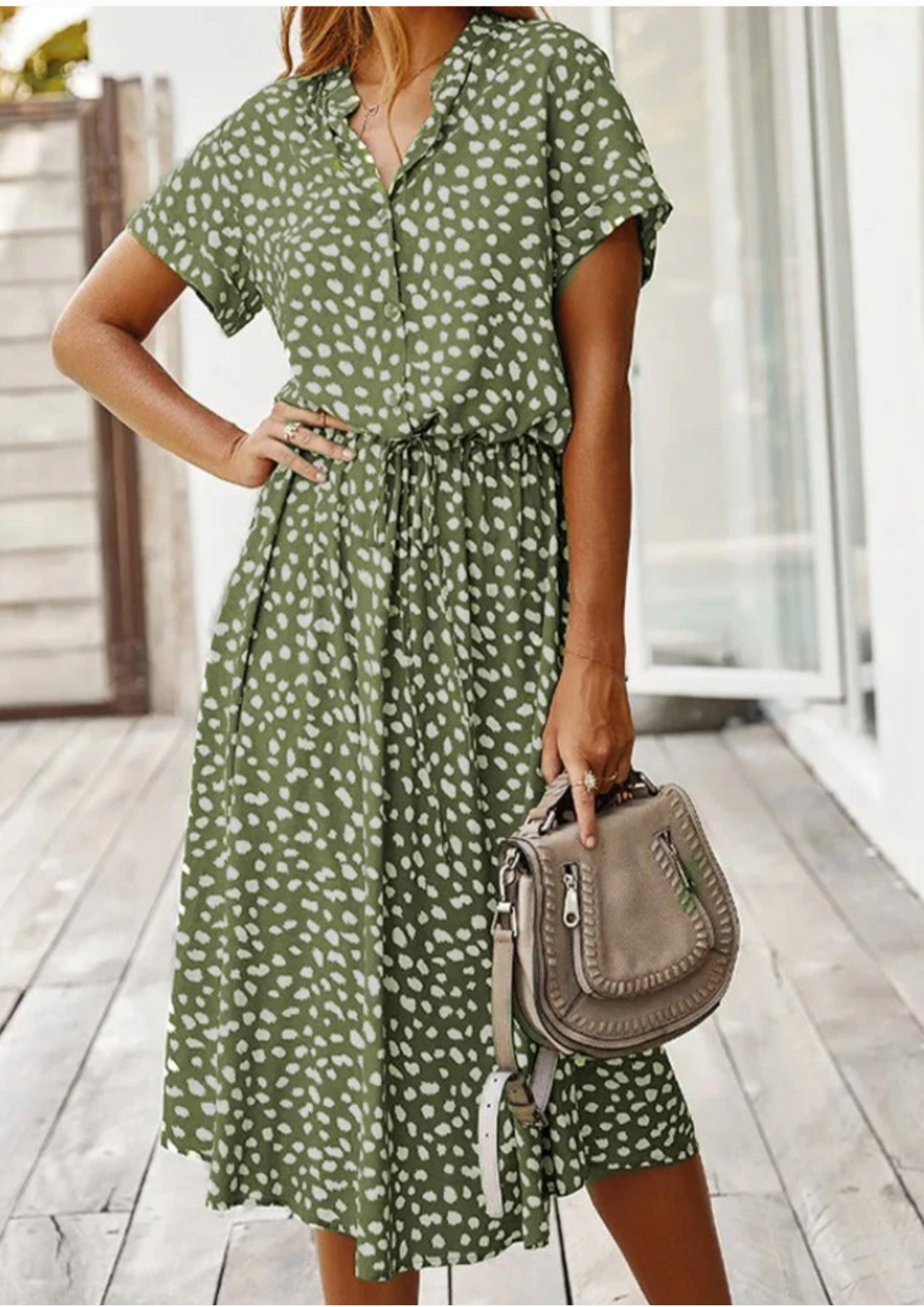 Women's spotted print button-down midi dress with drawstring waist in dalmatian-spot pattern