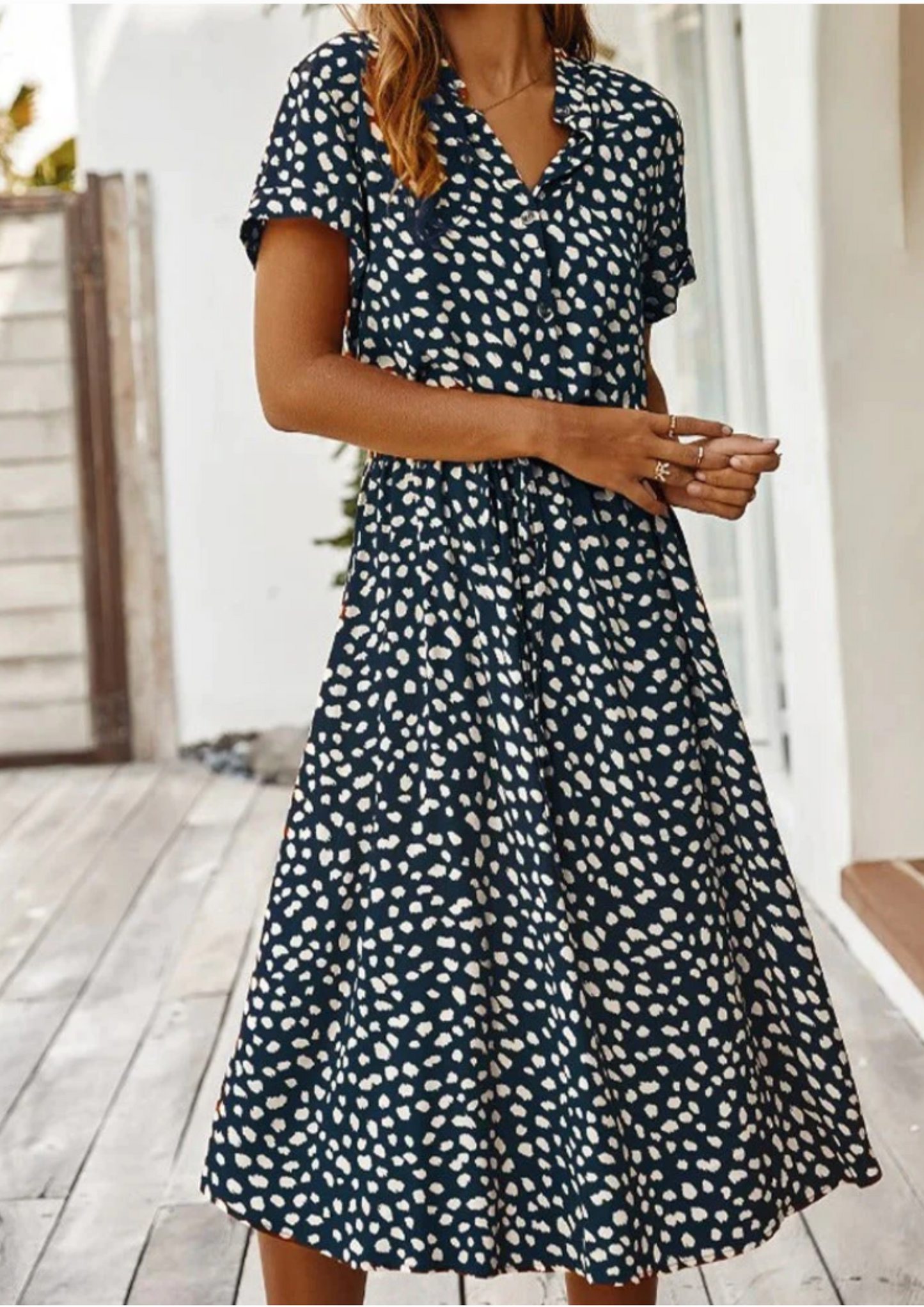 Women's white dalmatian-spot print button-down midi dress with drawstring waist breezy silhouette