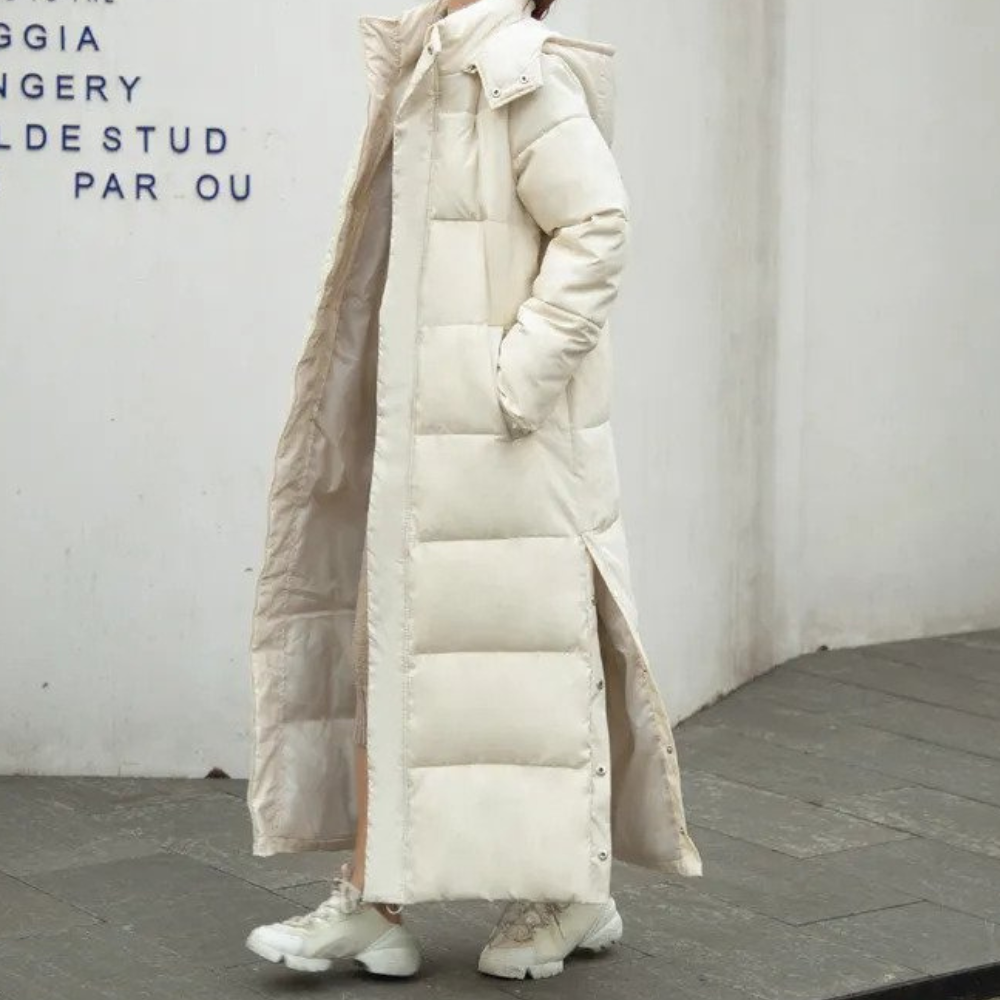 Women's long quilted winter coat warm chic full-length silhouette city outerwear