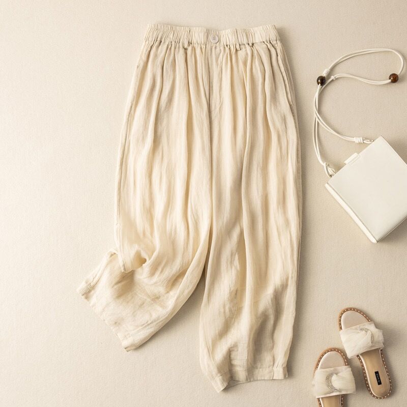 Maya Cloudlight linen pants, loose cropped fit with subtle ankle taper and elastic waistband
