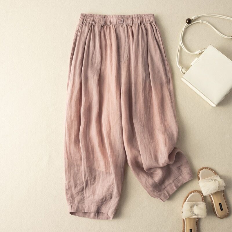 Maya Cloudlight linen pants in natural beige, relaxed cropped fit with tapered ankle and elastic waist