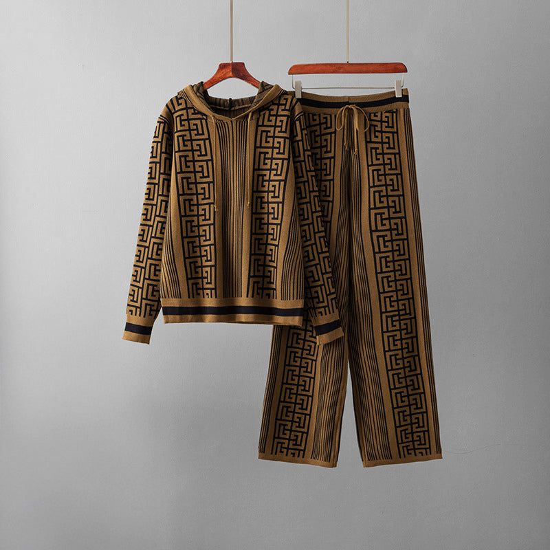 Ivory knitted 2-piece hoodie and wide-leg pants set with bold geometric maze pattern, relaxed fit