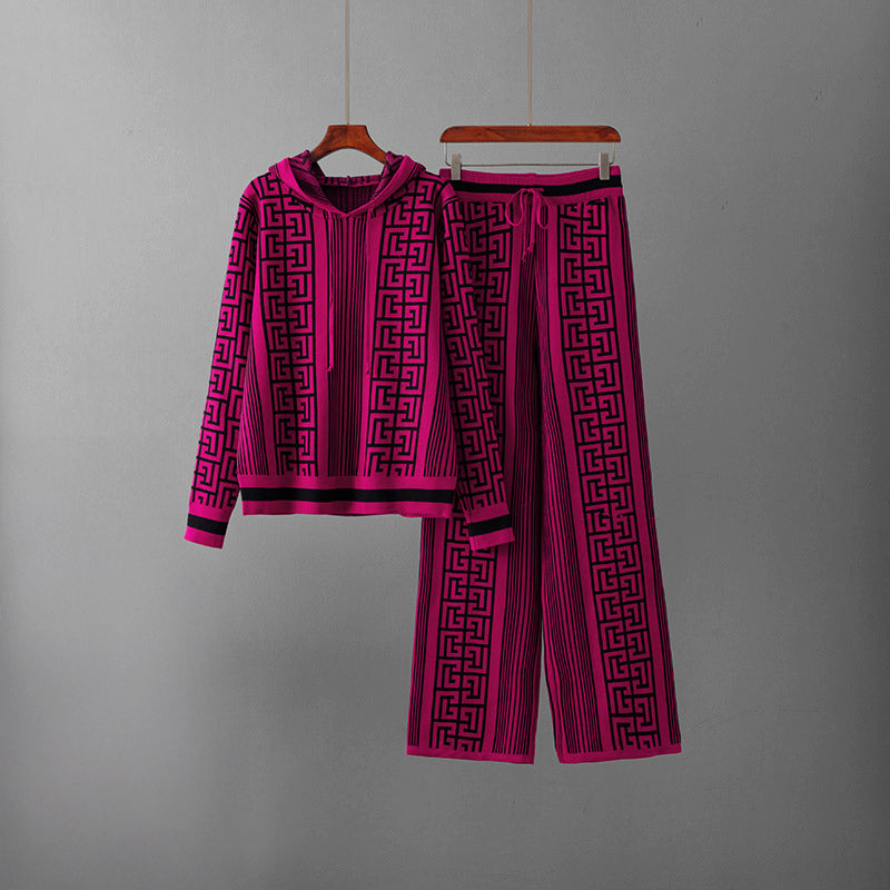 Beige geometric maze knit 2-piece set hoodie relaxed fit wide-leg pants ribbed cuffs