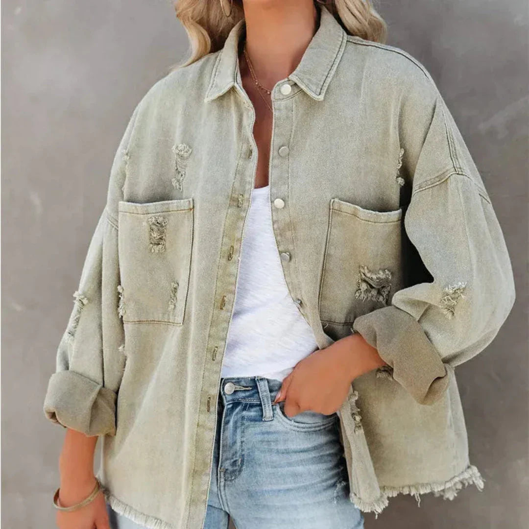 Melanie oversized distressed denim jacket with frayed hem and bold seasonal hues for casual looks