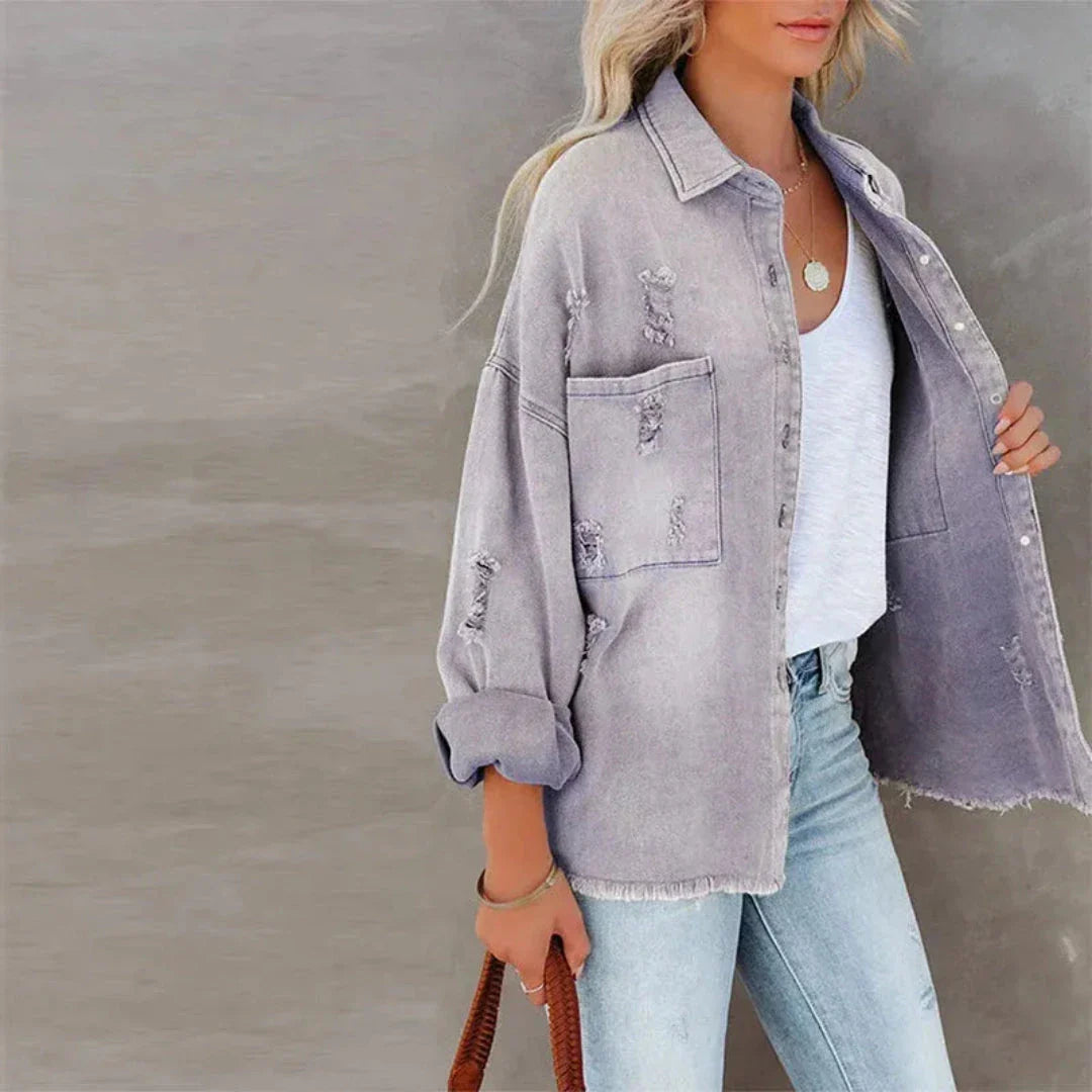 Melanie distressed denim jacket oversized fit frayed hem bold seasonal hues casual layering piece