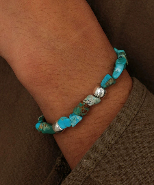 Bracelet chaîne en perles turquoise argentées et bleues pour homme - Wavlynn