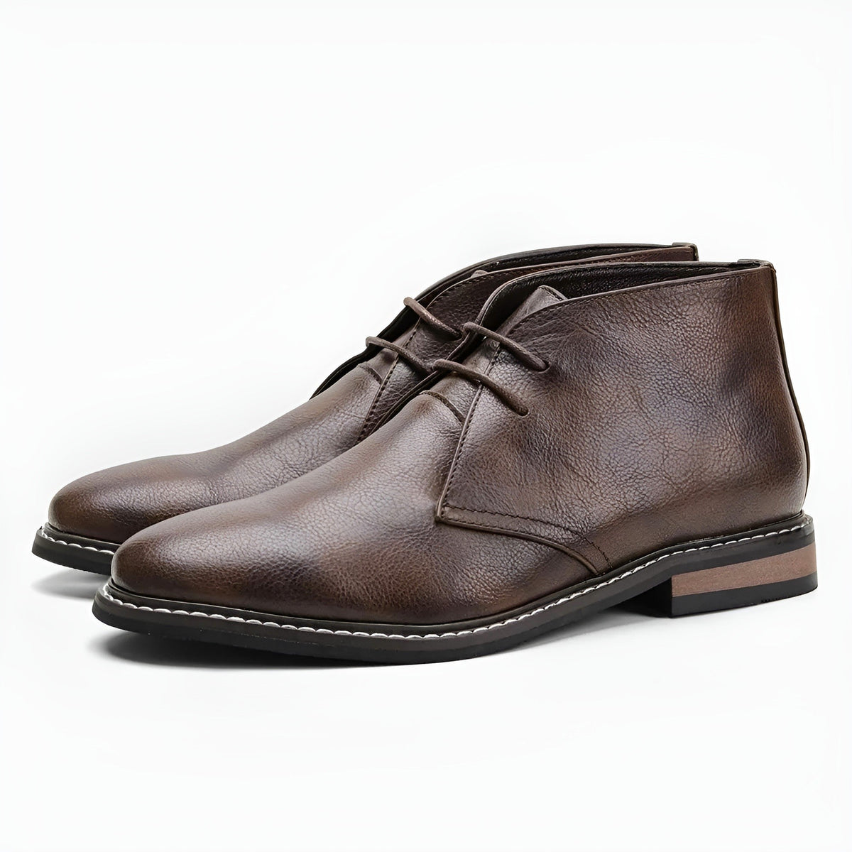 Men's tan vegan leather desert boot with timeless silhouette and non-slip flexible rubber outsole