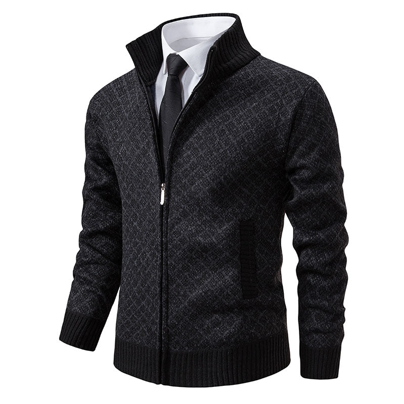 Men's patterned knit cardigan with zipper, high collar, ribbed edges, and front pockets