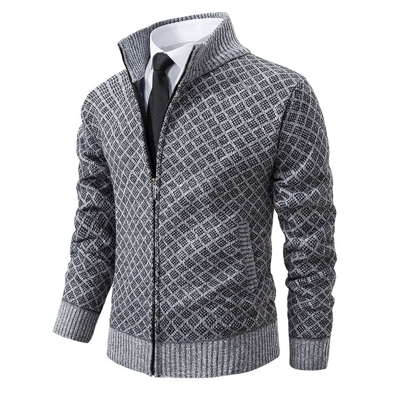 Men's patterned knit cardigan with zipper, high collar, ribbed edges, and front pockets casual style