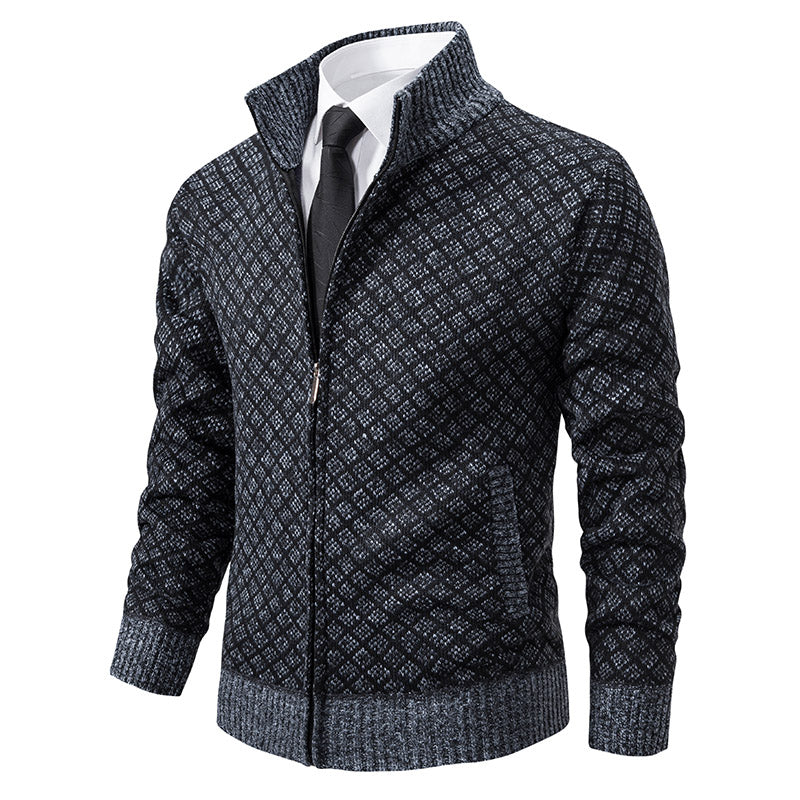Men's patterned knit cardigan with zipper, high collar, ribbed edges, and front pockets