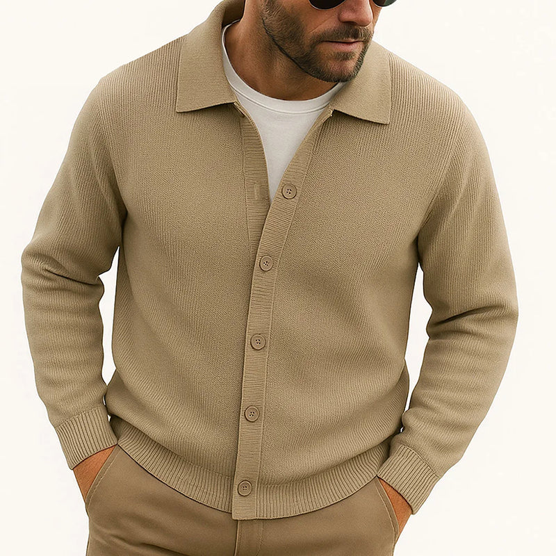 Men's casual knit cardigan turn-down collar button-front hip-length layering piece in neutral tone