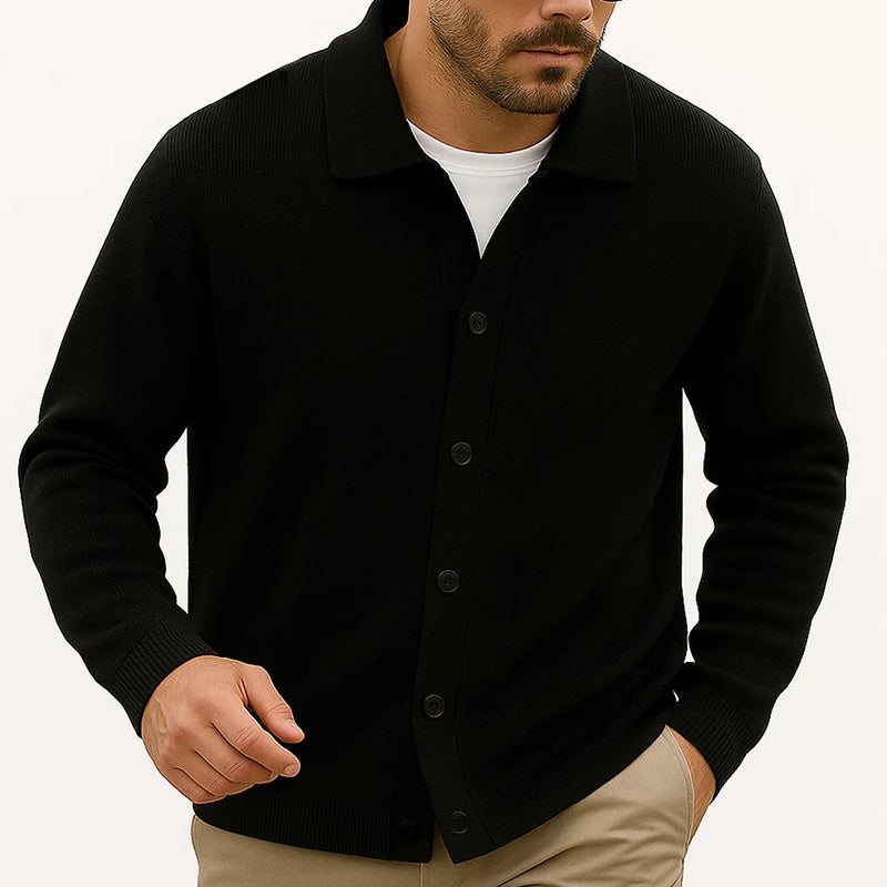 Men's beige casual knit cardigan turn-down collar button-front hip-length layering piece