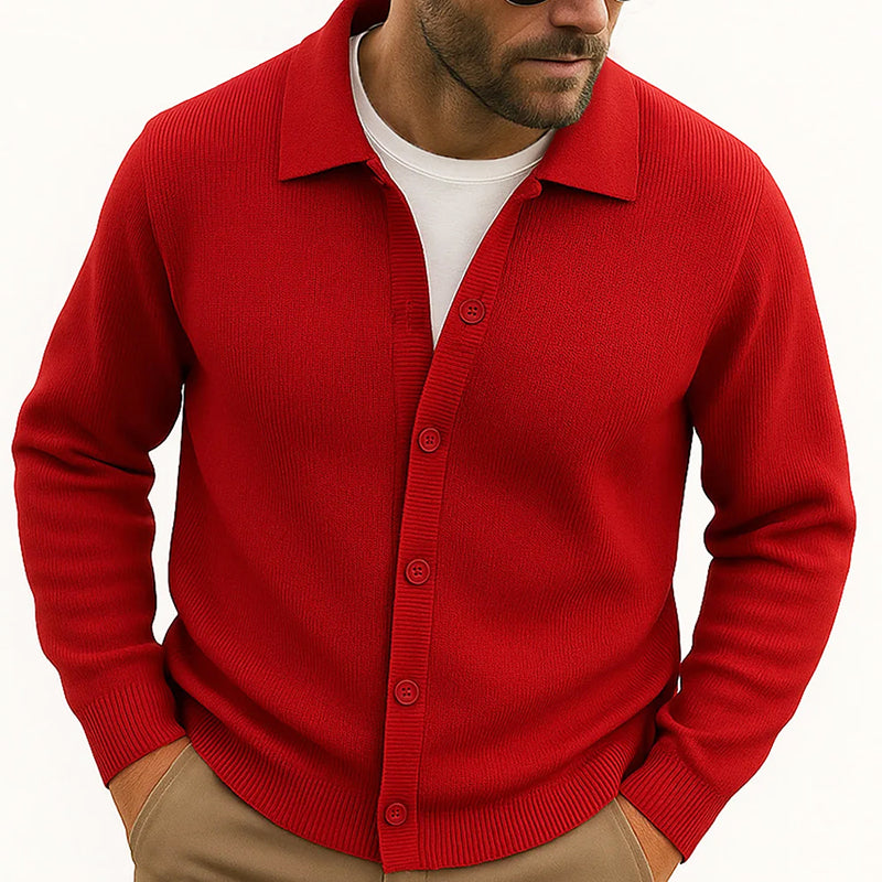 Men's casual knit cardigan turn-down collar button-front hip-length layering piece in neutral tones